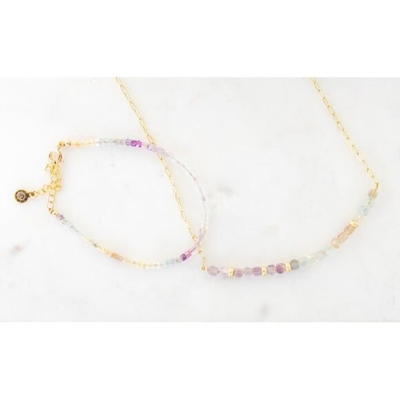 Fluorite Bundle Necklace & Bracelet Non-tarnish Gold Chain Waterproof Jewelry - Picture 7 of 12